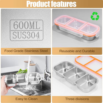 Stainless Steel Snack Containers - Reusable 3 Compartment Snackle Box Container with Lids for Kids Adults, Divided Snack Food Storage Containers for School, Home, Travel