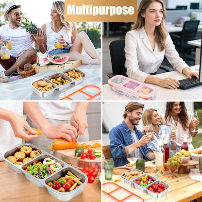 Stainless Steel Snack Containers - Reusable 3 Compartment Snackle Box Container with Lids for Kids Adults, Divided Snack Food Storage Containers for School, Home, Travel