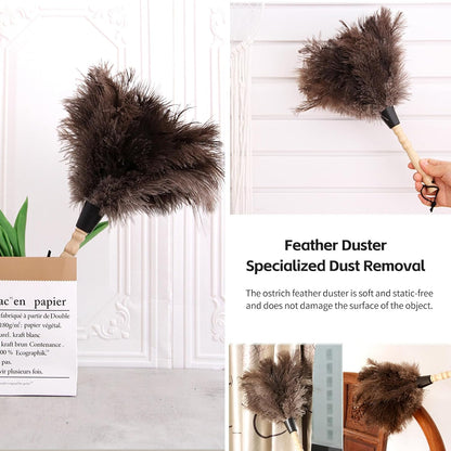 Ostrich Feather Duster 14 inch Feather Duster Fluffy Natural Genuine Ostrich Feathers with Wooden Handle and Eco-Friendly Reusable Handheld Ostrich Feather Duster for Cleaning Supplies