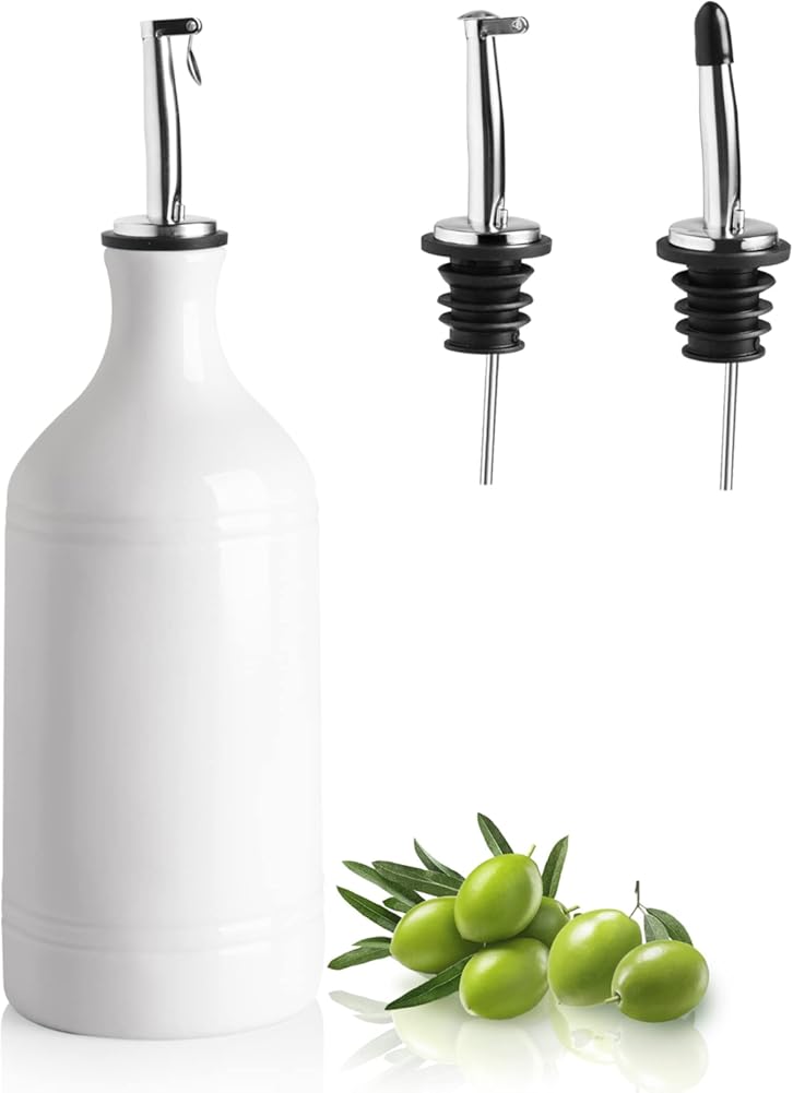 Ceramic Olive Oil Dispenser Bottle, Opaque Oil Cruet Protects Oil to Reduce Oxidation, Suitable for Storage Oil, Vinegar, Coffee Syrups & Other Liquids, Pack of 1, 15.5 Fl Oz (White).