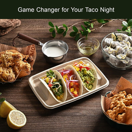 24PCS Disposable Taco Holders for Party, Premium Paper Taco Plates with 3 Dividers, Fiesta Tacos Holder Tray for Taco Tuesday Bar Serving Set, Decorations Supplies