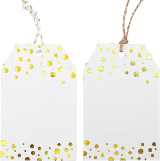 Gift Tags with String - 100Pcs Gold Foil Metallic Confetti Polka Dot Gift Bag Tags Personalized White Blank Hang Paper Label Tag for Birthday Party Bridal Shower Wedding Christmas Favor Present