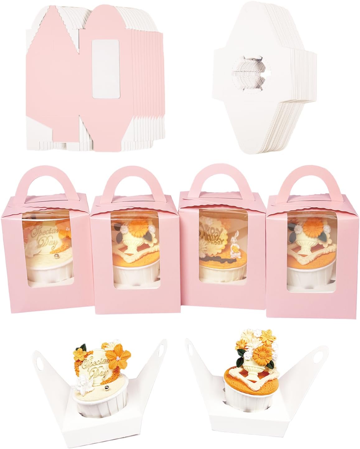 Auto-pop up Individual Cupcake Boxes with Window 25 Count Pink Single Cupcakes Box 3.7 x 3.7 x 4.3inch Cupcake Carrier