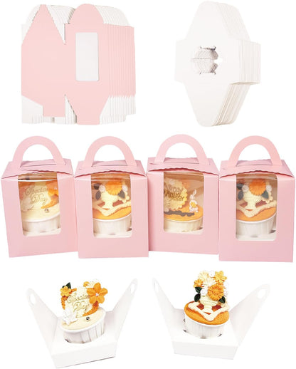 Auto-pop up Individual Cupcake Boxes with Window 25 Count Pink Single Cupcakes Box 3.7 x 3.7 x 4.3inch Cupcake Carrier