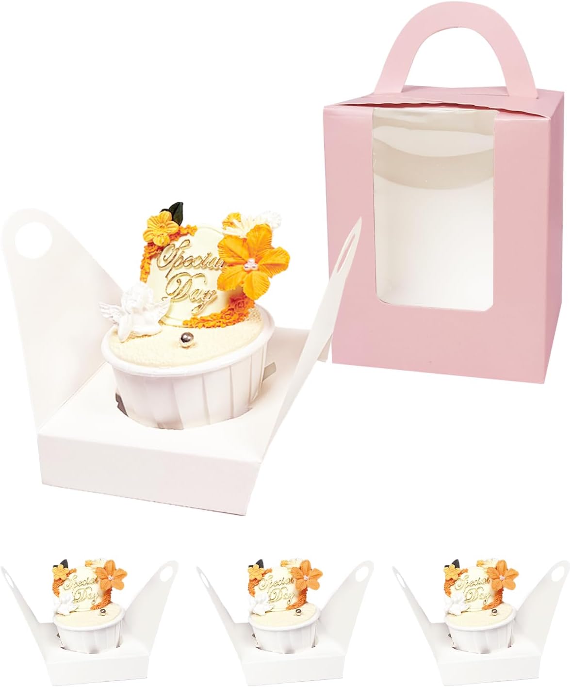 Auto-pop up Individual Cupcake Boxes with Window 25 Count Pink Single Cupcakes Box 3.7 x 3.7 x 4.3inch Cupcake Carrier