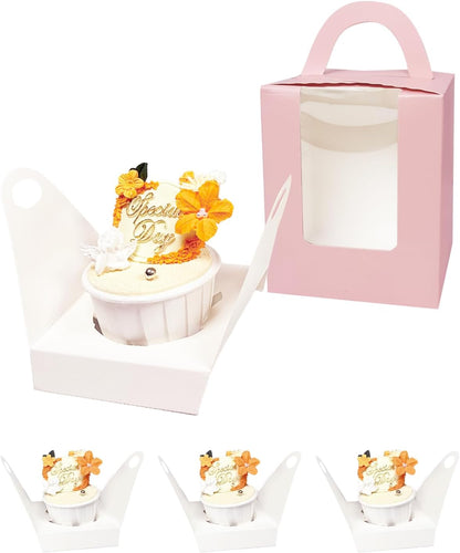 Auto-pop up Individual Cupcake Boxes with Window 25 Count Pink Single Cupcakes Box 3.7 x 3.7 x 4.3inch Cupcake Carrier
