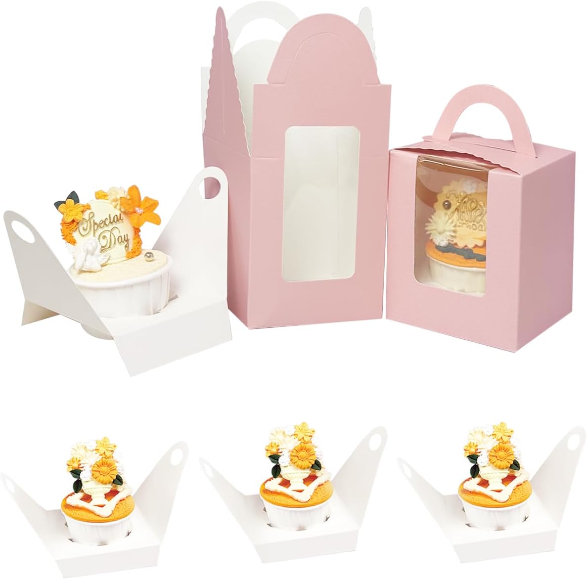 Auto-pop up Individual Cupcake Boxes with Window 25 Count Pink Single Cupcakes Box 3.7 x 3.7 x 4.3inch Cupcake Carrier