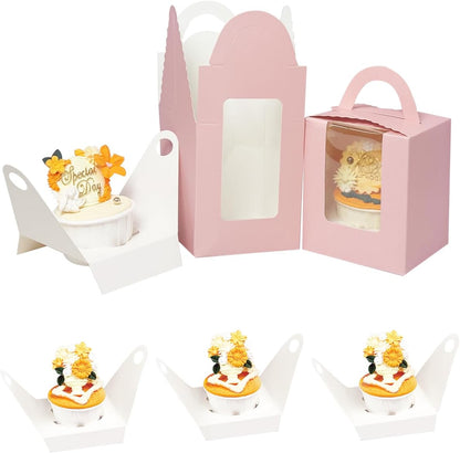 Auto-pop up Individual Cupcake Boxes with Window 25 Count Pink Single Cupcakes Box 3.7 x 3.7 x 4.3inch Cupcake Carrier