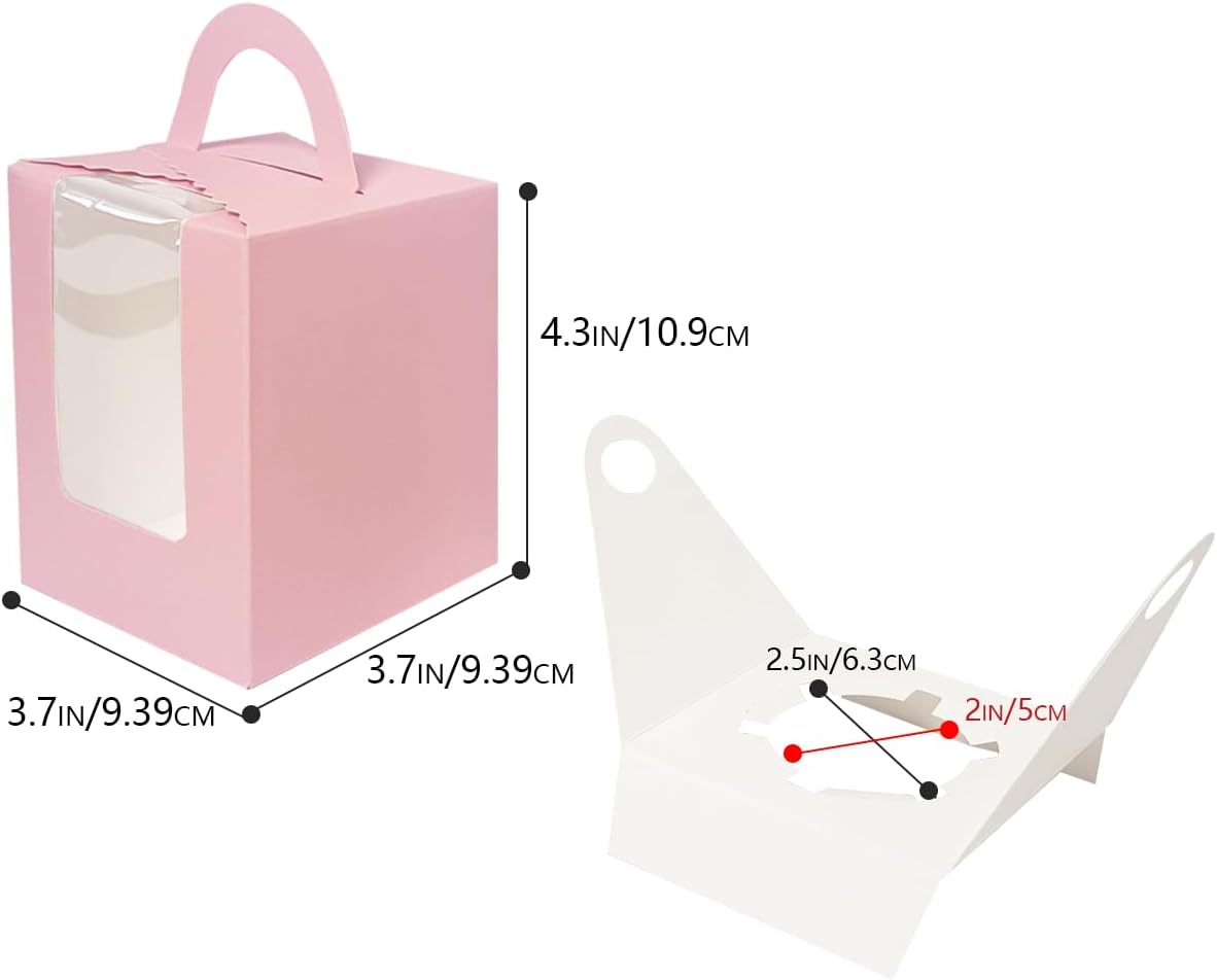 Auto-pop up Individual Cupcake Boxes with Window 25 Count Pink Single Cupcakes Box 3.7 x 3.7 x 4.3inch Cupcake Carrier