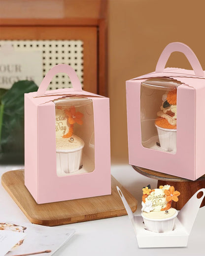 Auto-pop up Individual Cupcake Boxes with Window 25 Count Pink Single Cupcakes Box 3.7 x 3.7 x 4.3inch Cupcake Carrier