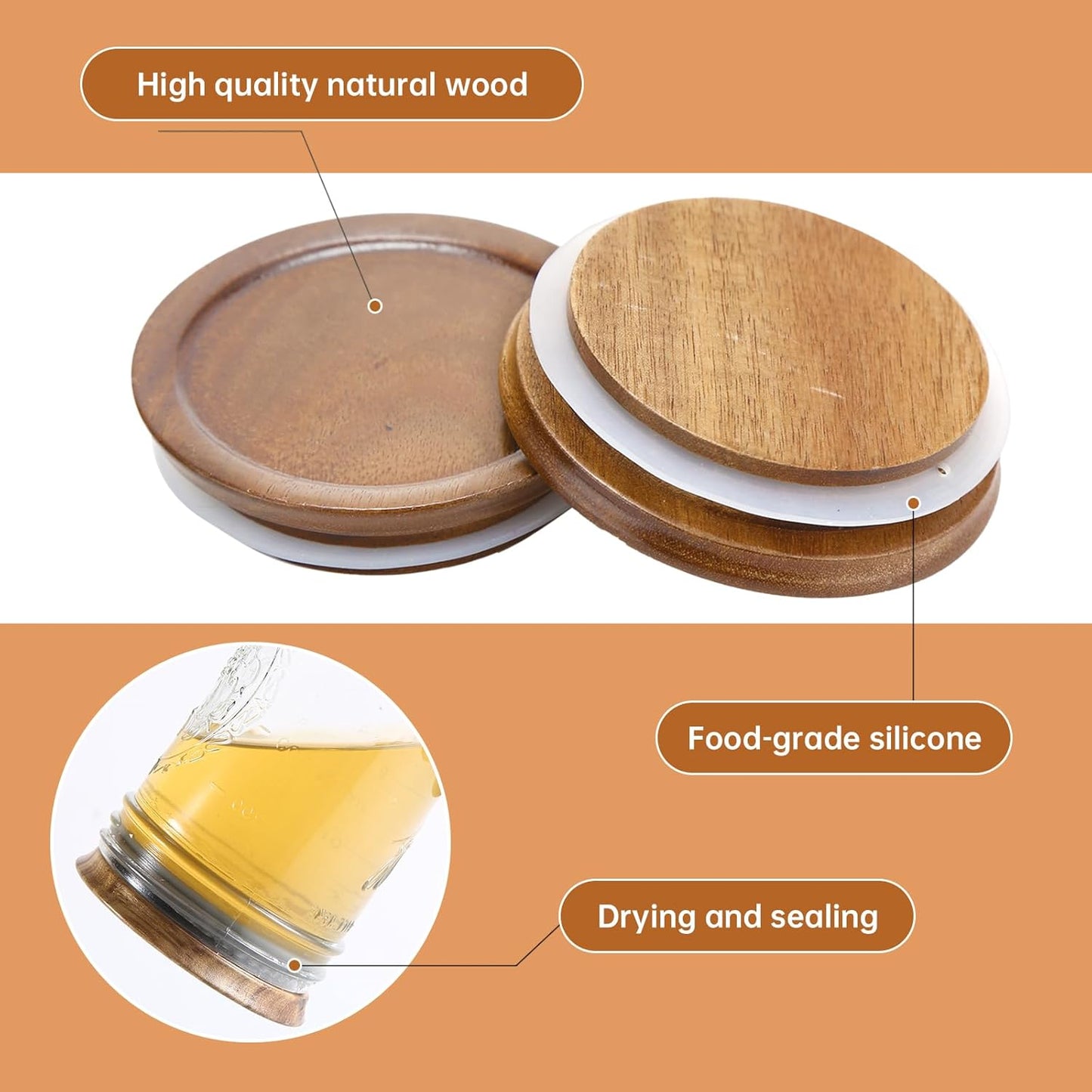 12 Pack Wide Mouth Mason Jar Lids, Reusable Canning Lids with Wooden and Silicone Seals - Perfect for Canning and Preserving in Mason Jars, Brown (12PCS Wide Lids)