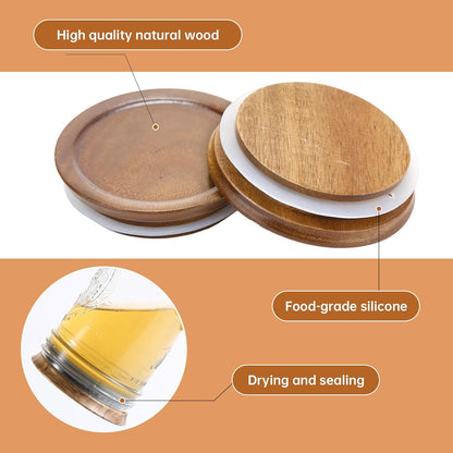 12 Pack Wide Mouth Mason Jar Lids, Reusable Canning Lids with Wooden and Silicone Seals - Perfect for Canning and Preserving in Mason Jars, Brown (12PCS Wide Lids)