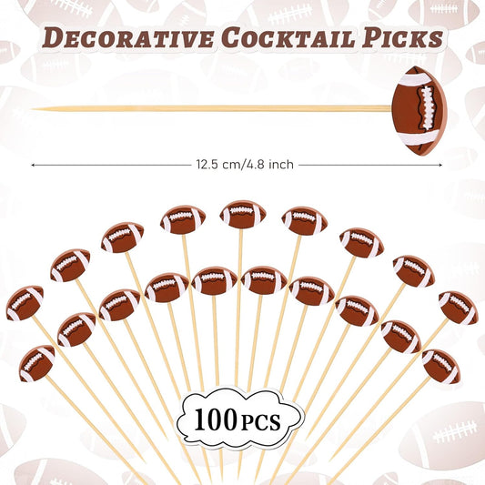 100 Pcs Football Toothpicks, 4.72 Inch Football Cocktail Picks for Appetizers, Long Bamboo Toothpicks, Decorative Toothpicks Skewers for Holiday Birthday Party Decorations (Football)