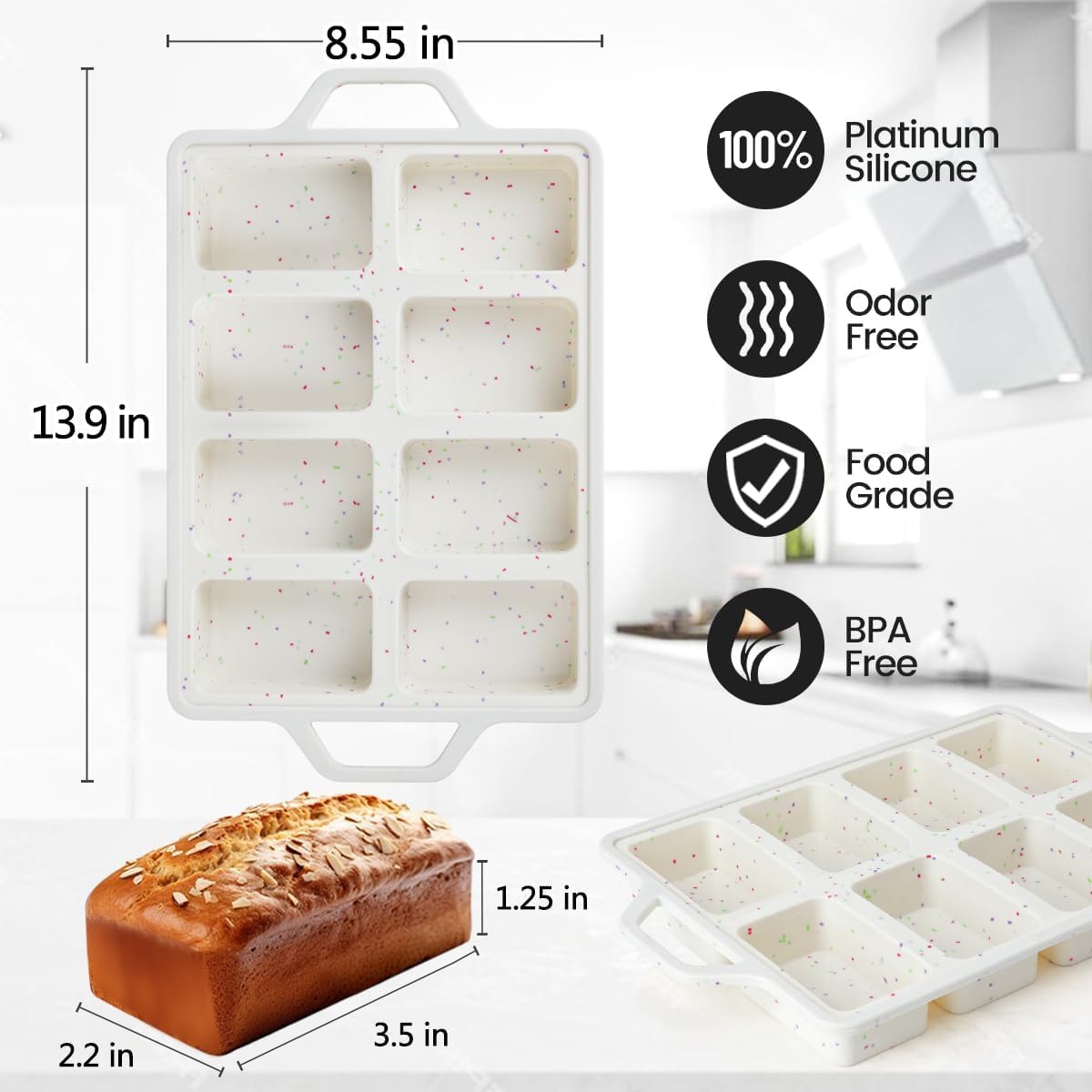 Mini Loaf Pan, Metal Reinforced Silicone Mini Bread Loaf Pan Nonstick Cornbread Pan 8 Cavities Silicone Molds for Baking Bread, Loaf, Meatloaf, Brownie, Butter