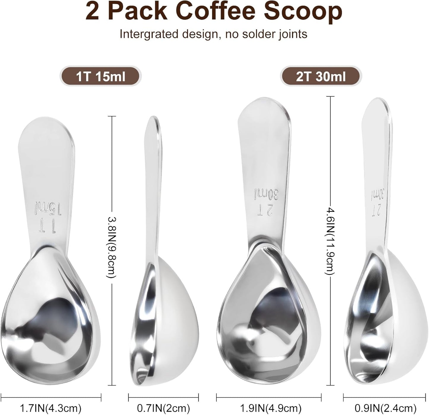 2Pcs Coffee Scoops, Premium 18/8 Stainless Steel Coffee Spoons, Set of 2 Short Handled (1 Tablespoon & 2 Tablespoon) Coffee Measuring Spoon for Ground Coffee, Tea and Powder by