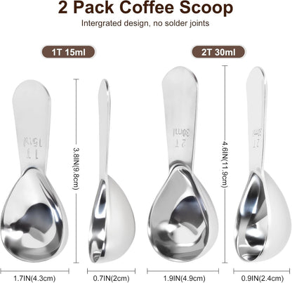 2Pcs Coffee Scoops, Premium 18/8 Stainless Steel Coffee Spoons, Set of 2 Short Handled (1 Tablespoon & 2 Tablespoon) Coffee Measuring Spoon for Ground Coffee, Tea and Powder by