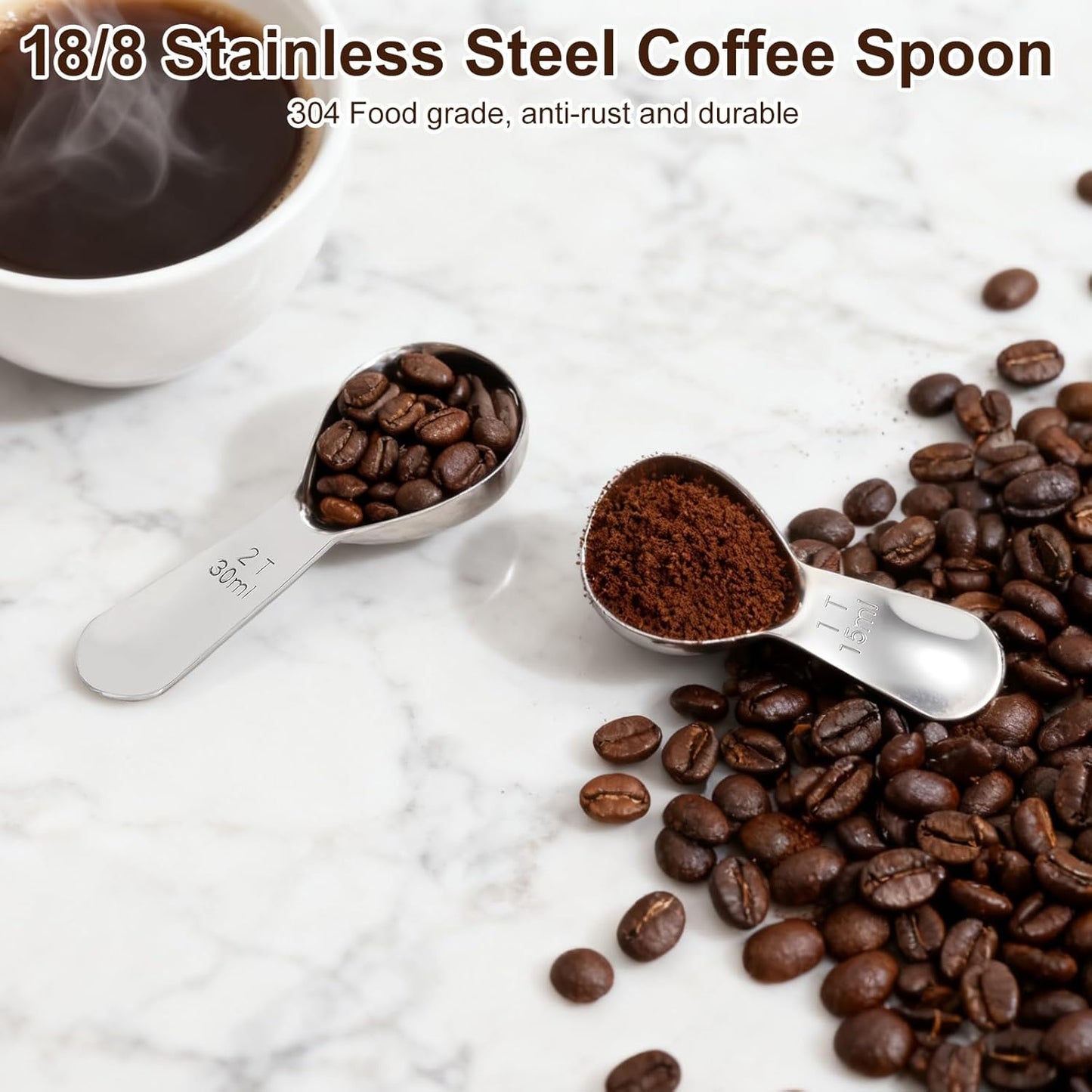 2Pcs Coffee Scoops, Premium 18/8 Stainless Steel Coffee Spoons, Set of 2 Short Handled (1 Tablespoon & 2 Tablespoon) Coffee Measuring Spoon for Ground Coffee, Tea and Powder by
