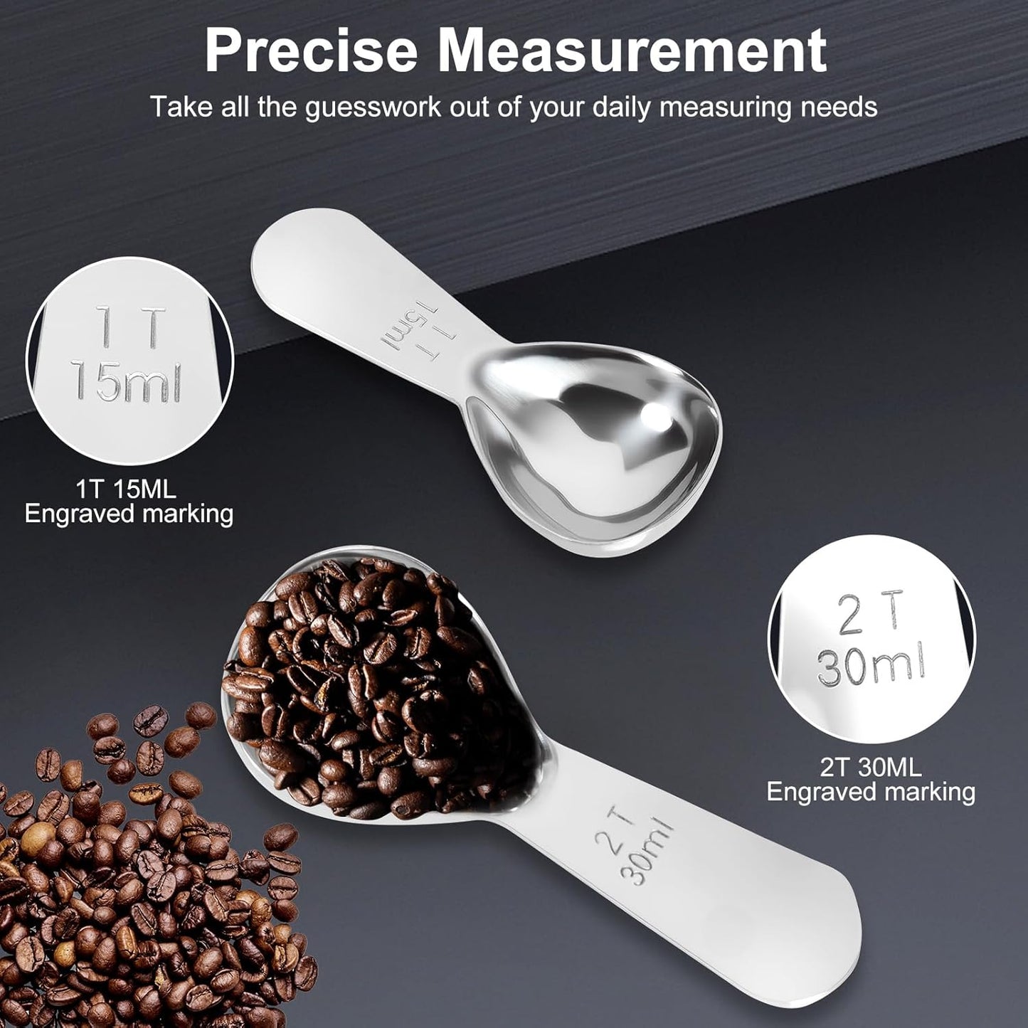 2Pcs Coffee Scoops, Premium 18/8 Stainless Steel Coffee Spoons, Set of 2 Short Handled (1 Tablespoon & 2 Tablespoon) Coffee Measuring Spoon for Ground Coffee, Tea and Powder by
