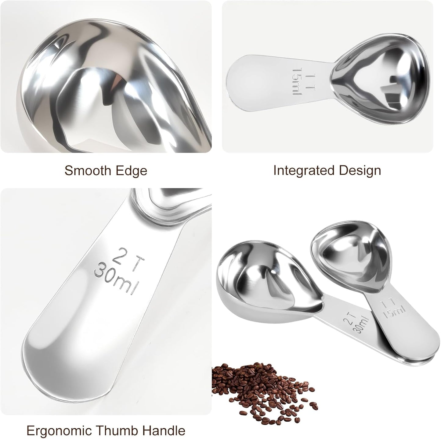 2Pcs Coffee Scoops, Premium 18/8 Stainless Steel Coffee Spoons, Set of 2 Short Handled (1 Tablespoon & 2 Tablespoon) Coffee Measuring Spoon for Ground Coffee, Tea and Powder by