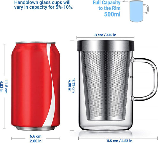 16.9 Oz Borosilicate Glass Tea Mug Cup Tea Glasses with Stainless Steel Infuser & Lid, Loose Leaf Glass Tea Cup Teacup 430mL(Use Capacity)