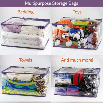 Clear Vinyl Zippered Storage Bags (3-Pack) 40L Sturdy Storage Bags for Sweaters, Blankets, Comforters, Bedding Sets and Much More! (Purple, 18x15x9)