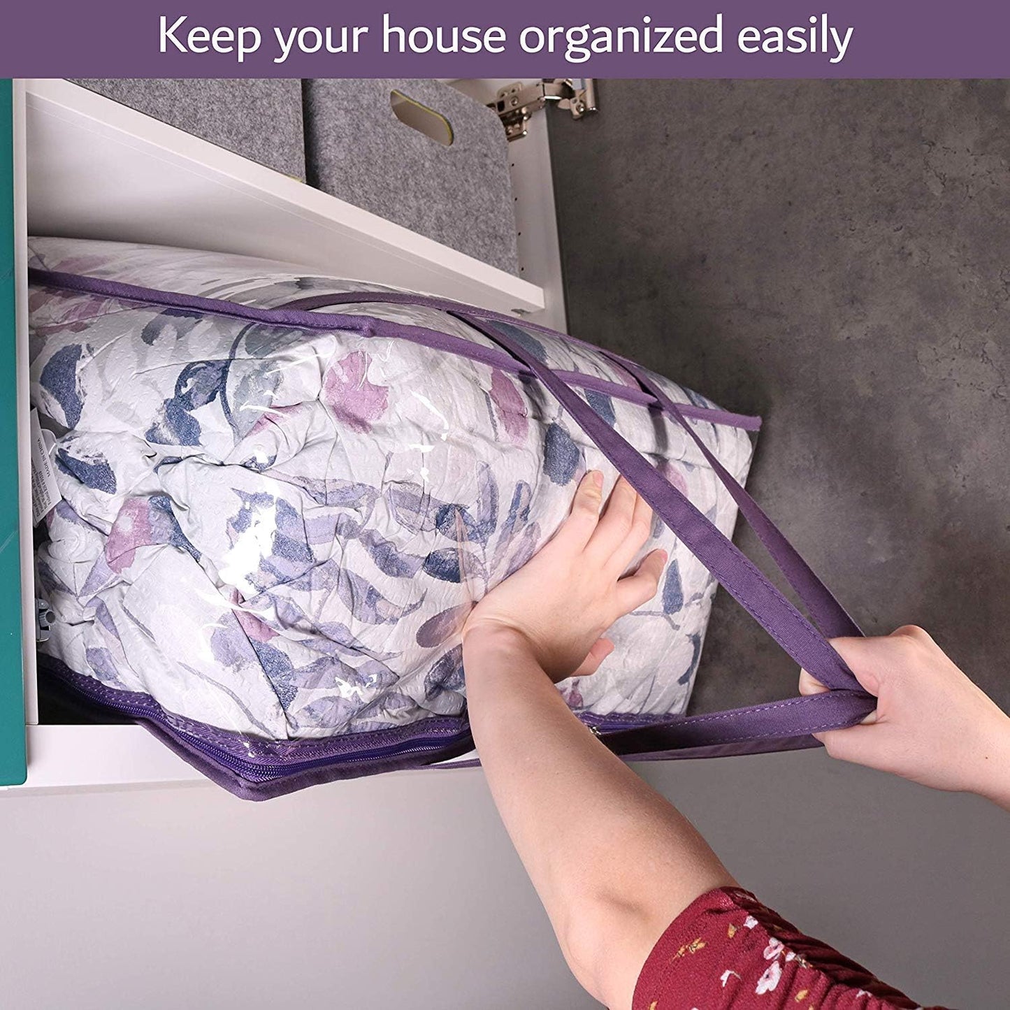 Clear Vinyl Zippered Storage Bags (3-Pack) 40L Sturdy Storage Bags for Sweaters, Blankets, Comforters, Bedding Sets and Much More! (Purple, 18x15x9)