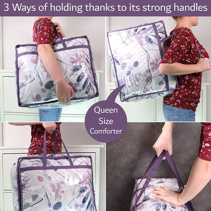 Clear Vinyl Zippered Storage Bags (3-Pack) 40L Sturdy Storage Bags for Sweaters, Blankets, Comforters, Bedding Sets and Much More! (Purple, 18x15x9)