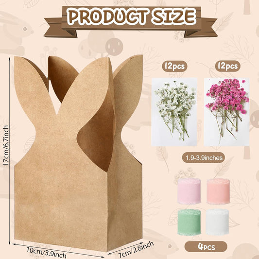 24 Set Boho Bow Easter Bunny Party Favor Bags DIY Bunny Gift Boxes with Neutral Bow Ribbon and Dried Flowers Rustic Paper Rabbit Ears Treat Bags Bulk for Easter Spring (Neutral Pastel)