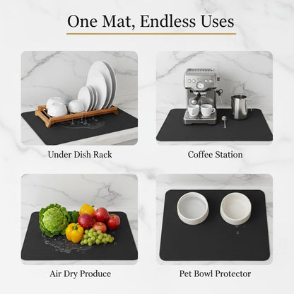 Dish Drying Mat Super Absorbent – 12" x 18" Coffee Mat for Countertops – Non-Slip Drying Mat for Kitchen Counter – Easy to Clean Water Absorbent Mat – Quick Dry Dish Drying Mats (Black)