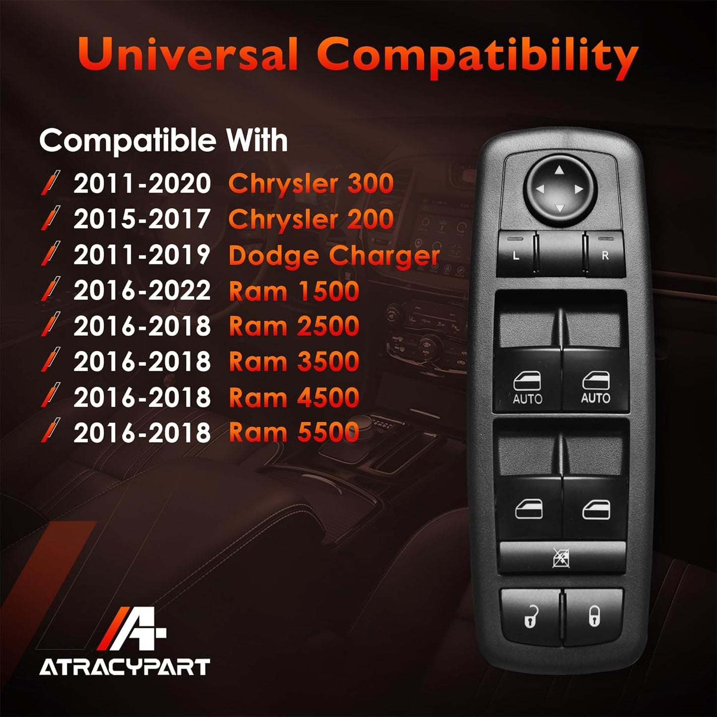 Master Power Window Switch Driver Side Front Left Door Control Button,Fits 2016–2022 Ram 1500 2500 3500,2011–2019 Dodge Charger,2011-2020 Chrysler 200 300, | Replaces 68139805AB,68139805AA,56046823AE