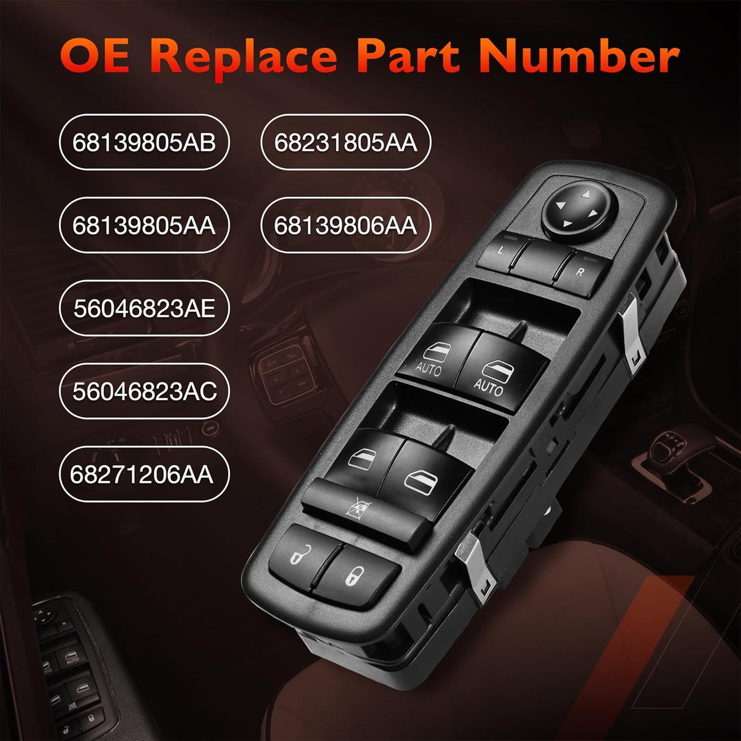 Master Power Window Switch Driver Side Front Left Door Control Button,Fits 2016–2022 Ram 1500 2500 3500,2011–2019 Dodge Charger,2011-2020 Chrysler 200 300, | Replaces 68139805AB,68139805AA,56046823AE
