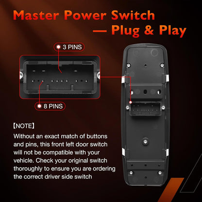 Master Power Window Switch Driver Side Front Left Door Control Button,Fits 2016–2022 Ram 1500 2500 3500,2011–2019 Dodge Charger,2011-2020 Chrysler 200 300, | Replaces 68139805AB,68139805AA,56046823AE
