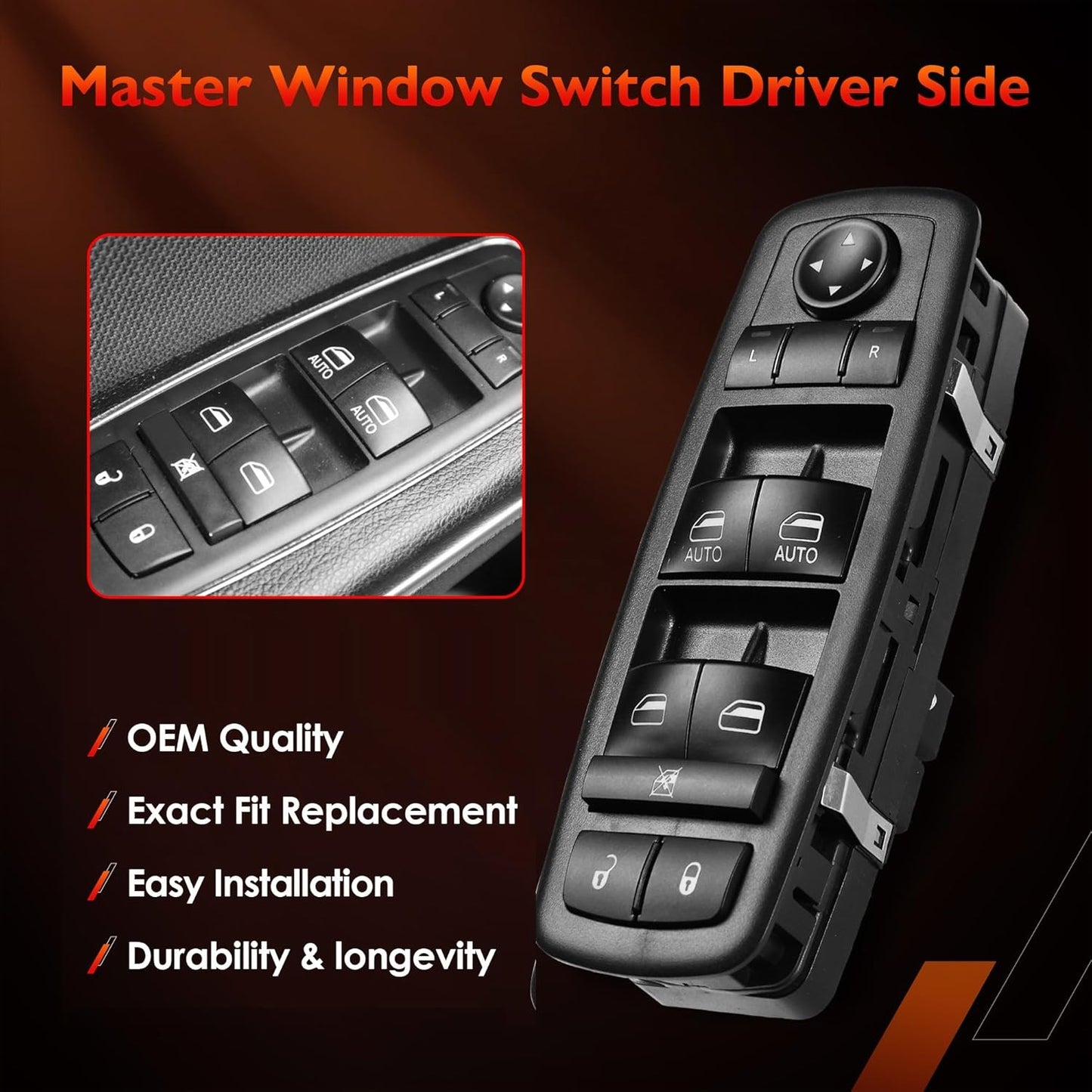 Master Power Window Switch Driver Side Front Left Door Control Button,Fits 2016–2022 Ram 1500 2500 3500,2011–2019 Dodge Charger,2011-2020 Chrysler 200 300, | Replaces 68139805AB,68139805AA,56046823AE