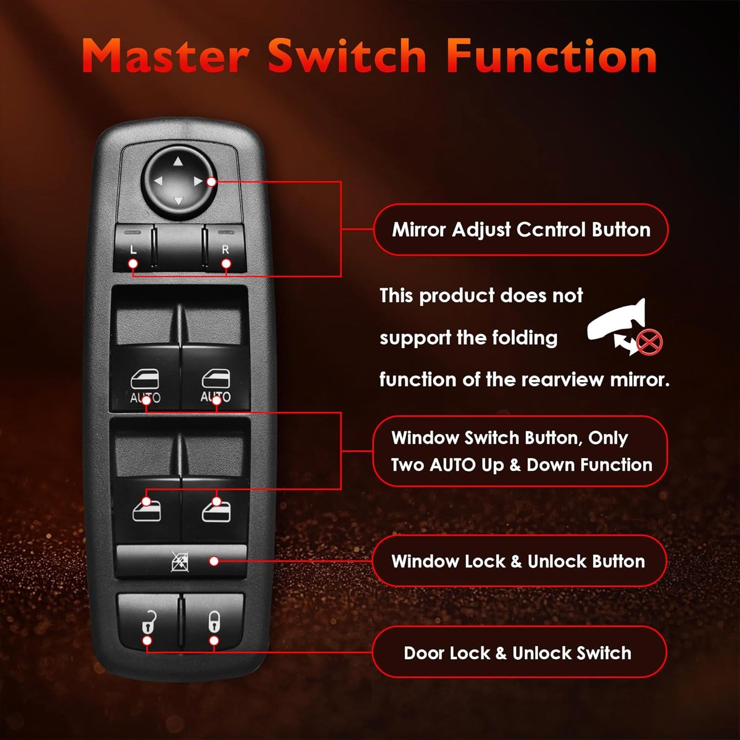 Master Power Window Switch Driver Side Front Left Door Control Button,Fits 2016–2022 Ram 1500 2500 3500,2011–2019 Dodge Charger,2011-2020 Chrysler 200 300, | Replaces 68139805AB,68139805AA,56046823AE