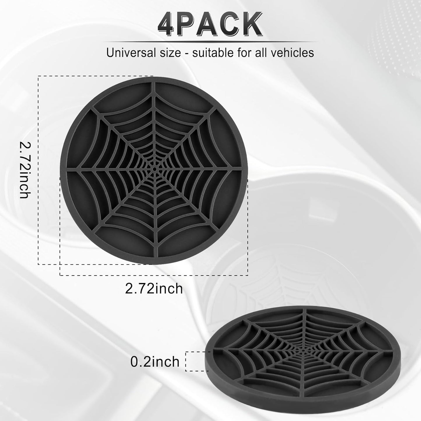 4PCS Spider Web Car Coasters for Cup Holders, Halloween Funny Non-Slip Silicone Insert Ornaments Coasters, Automotive Cupholder Goth Accessories for Men & Women(Black)