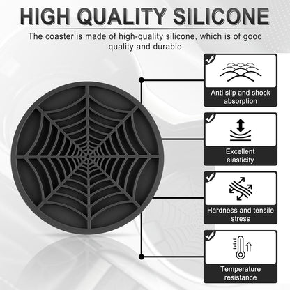 4PCS Spider Web Car Coasters for Cup Holders, Halloween Funny Non-Slip Silicone Insert Ornaments Coasters, Automotive Cupholder Goth Accessories for Men & Women(Black)