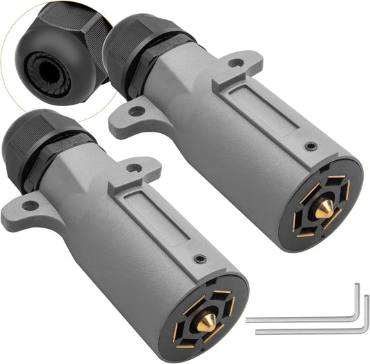 RV 7 Pin Trailer Plug with IP68 Waterproof Seal 2PCS, Detachable 7 Way Round RV-Style Trailer Side Connector 7 Point Trailer Wiring Plug.