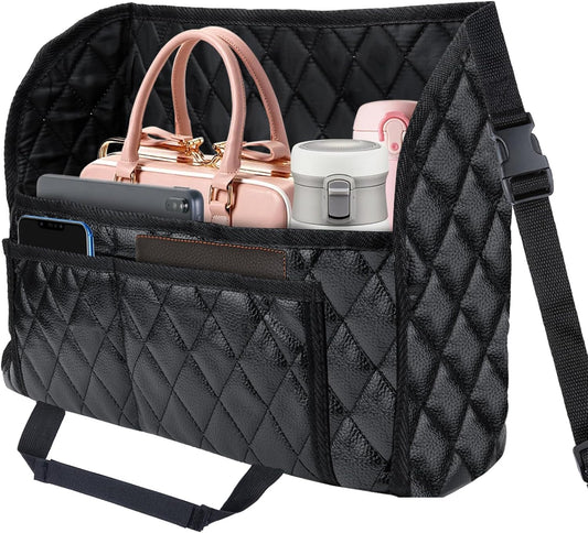 Car Purse Holder Between Seats, Leather Auto Front Seat Handbag Organizer Pocket, Large Capacity Car Net Pocket Handbag Holder, Backseat Barrier Storage Bag Fits for Car, Truck, SUV.