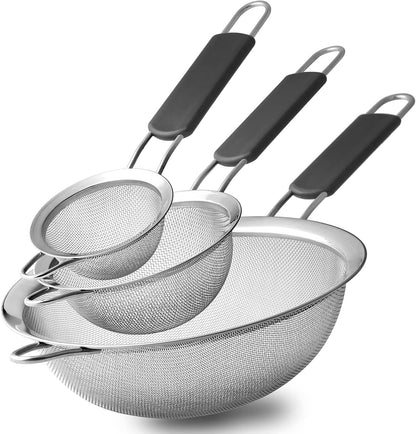 Stainless Steel Fine Mesh Strainers, Set of 3 Sizes Strainer for Kitchen, Wire Sieve with Insulated Handle Kitchen Strainer, Baking Tools Colander, Food Preparation, Flour Sifter, Rice, Pasta Strainer