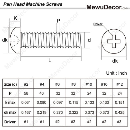 8-32 x 1/2" (1/4" to 3" Available) Pan Head Machine Screws, Full Thread, 304 Stainless Steel 18-8, Pack of 100
