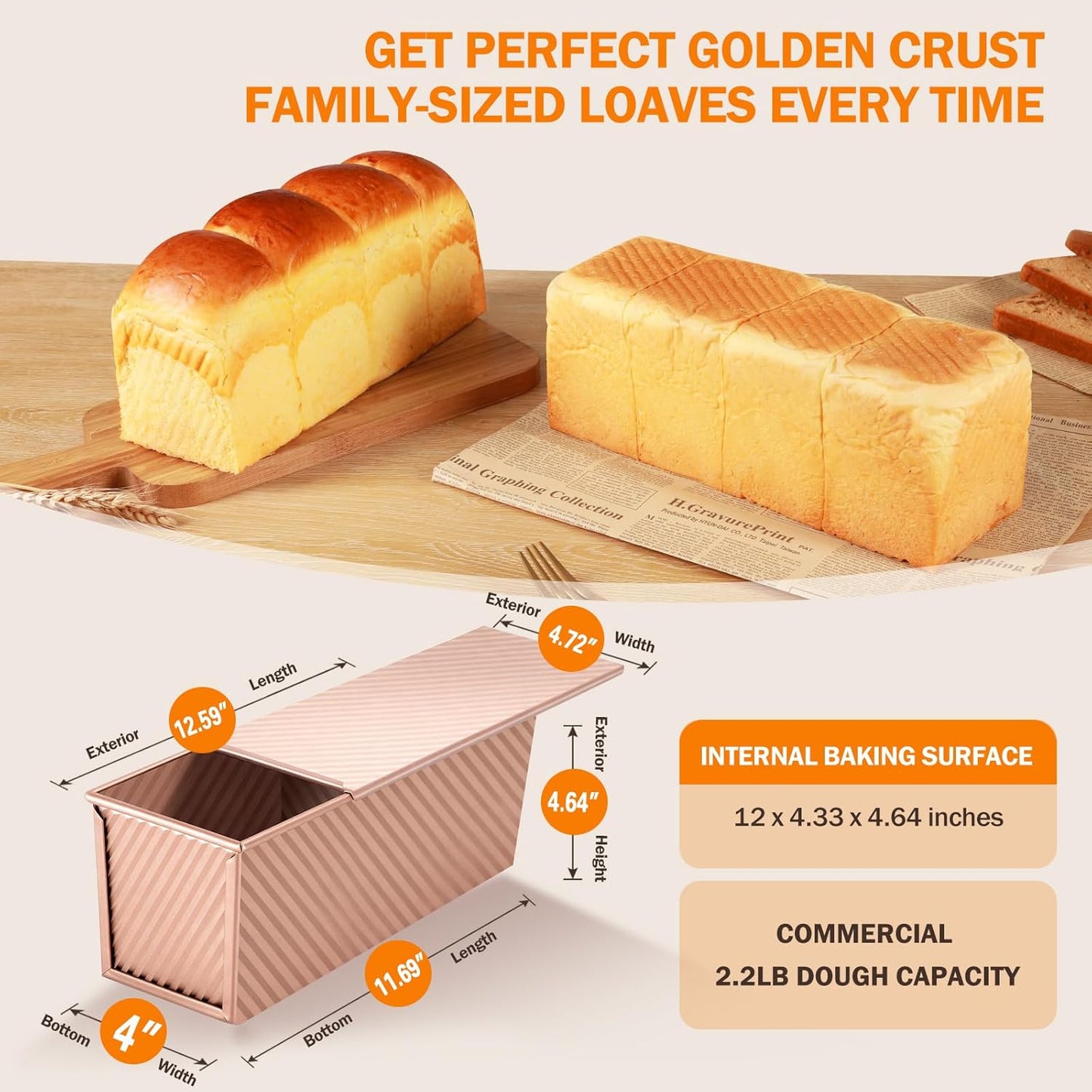 Pullman Loaf Pan with Lid, 13x4 inch, Premium 2.2LB Nonstick Sandwich Bread Loaf Pan for Homemade Sourdough Bread, Heavy Duty Carbon Steel Corrugated Toast Box with Cover for Baking, Bakeware