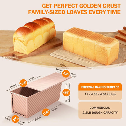 Pullman Loaf Pan with Lid, 13x4 inch, Premium 2.2LB Nonstick Sandwich Bread Loaf Pan for Homemade Sourdough Bread, Heavy Duty Carbon Steel Corrugated Toast Box with Cover for Baking, Bakeware