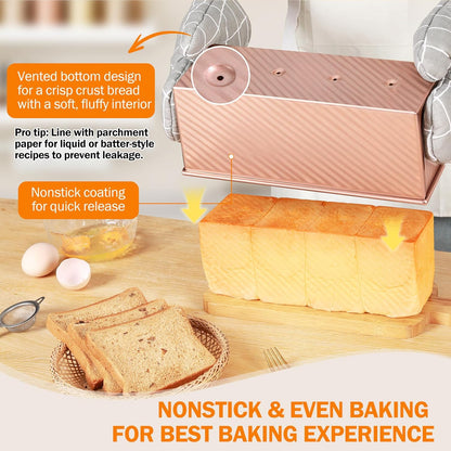Pullman Loaf Pan with Lid, 13x4 inch, Premium 2.2LB Nonstick Sandwich Bread Loaf Pan for Homemade Sourdough Bread, Heavy Duty Carbon Steel Corrugated Toast Box with Cover for Baking, Bakeware
