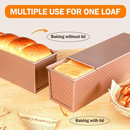 Pullman Loaf Pan with Lid, 13x4 inch, Premium 2.2LB Nonstick Sandwich Bread Loaf Pan for Homemade Sourdough Bread, Heavy Duty Carbon Steel Corrugated Toast Box with Cover for Baking, Bakeware
