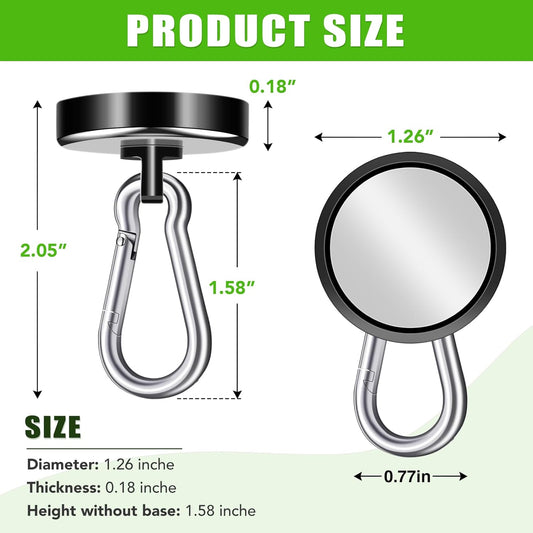 Carabiner Magnetic Hooks, 110LBS Strong Black Magnetic Hooks Heavy Duty with Swivel Carabiner Hook, Great for Hanging for Cruise, Garage, Kitchen, Refrigerator, Locker (12-Pack)