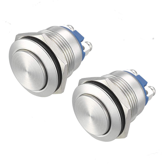 19mm Momentary Push Button Switch High Round Cap Waterproof Stainless Steel Metal High Flush Screw Terminals 250V 5A 1NO SPST (Pack of 2).