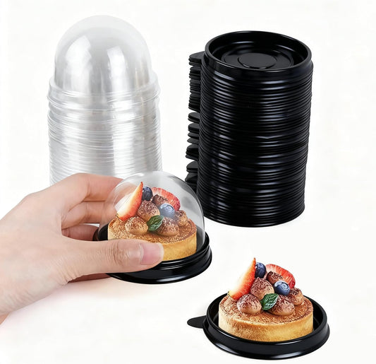 50Pcs Clear Plastic Mini Cake Box with Dome Lids, Mini Muffin Container Box Mooncake Dome Box Pastry Baking Packaging Boxes Wedding Birthday Gifts Supplies (Black Base).