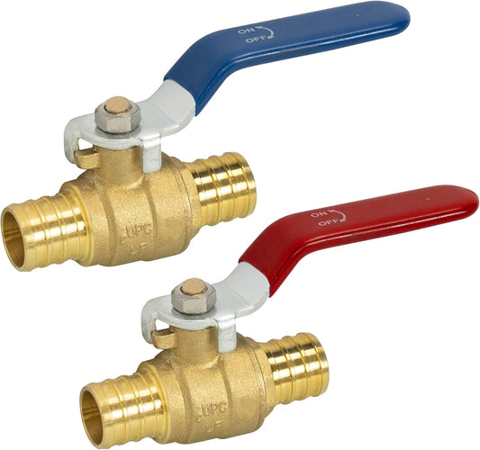 2 Pieces 3/4 Inch Pex Brass Full Port Shut Off Ball Valve Hot and Cold, Quarter Turn HOT (RED) COLD (BLUE) of Brass Water Stop Shut Off, 1 Piece Each.