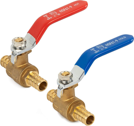2 Pieces 1/2 Inch Pex Brass Full Port Shut Off Ball Valve HOT AND COLD, Quarter Turn HOT (RED) COLD (BLUE) of Brass Water Stop Shutt off, 1 Piece each.