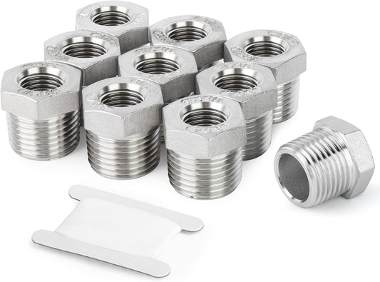 10PCS 304 Stainless Steel Reducer Hex Bushing, 3/8" NPT Male x 1/4" NPT Female, Reducing Pipe Adapter Fitting.